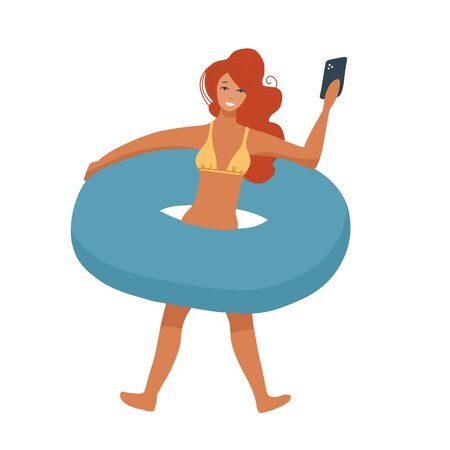 Woman with inflatable circle isolated on whote background. Vacation relax, sexy bikini girl and hot sunny day making selfie. Flat vector illustration.のイラスト素材