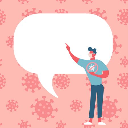 Man character wearing medical mask to prevent disease, flu, air pollution with speech bubble. Banner to post your text about MERS-Cov, COVID-19, Novel coronavirus, 2019-nCoV. Flat vector illustrationのイラスト素材