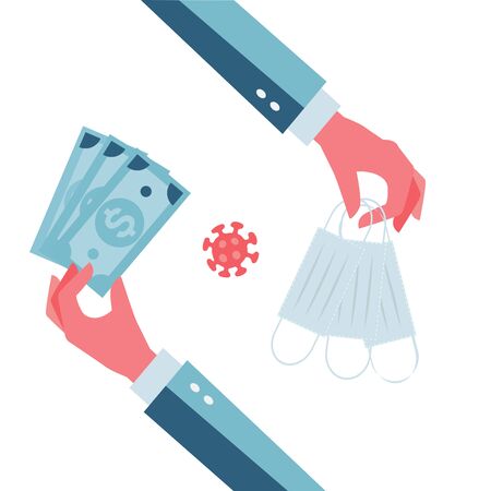 Purchase cloth medical mask for dust protection, Prevent coronavirus. COVID-19 protection concept. Men hand with dollar bills . Flat vector design illusrtaion.のイラスト素材