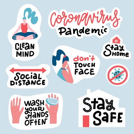 Coronavirus COVID-19 prevention sticker set. Hand drawn pack with lettering How to protect yourself - hand washing, avoid touchin face, stay home. Cartoon badges with quotes. Trendy flat vector.のイラスト素材