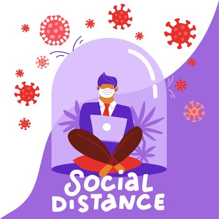 Coronavirus outbreak concept. man in suit sits in a meditation pose with laptop under a glass cap. Covid-19 virus in air. Staying home with self quarantine. Flat vector illustration with lettering.のイラスト素材