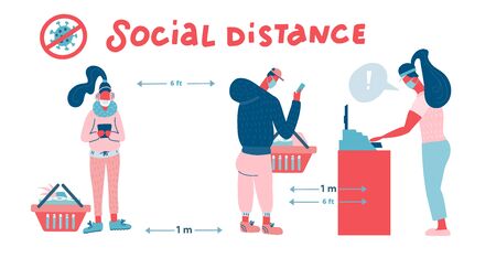 Supermarket store counter cashier and buyers in medical masks, with basket of food. Quarantine coronavirus 2019-nCoV in the store social distancing epidemic precautions. Flat vector illustrationのイラスト素材