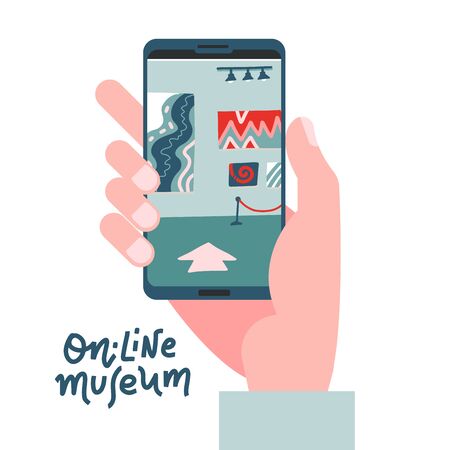 Contemporary art gallery or museum exhibit online concept. Hand with phone with exibition app on screen. Colorful vector flat illustration with lettering. Home hobby for self isolationのイラスト素材