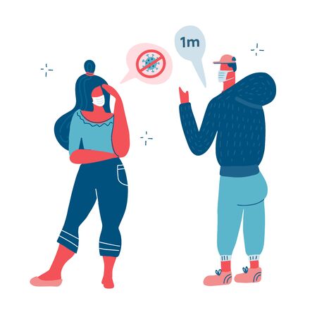 Coronavirus COVID-19 Concept. People in white medical mask discuss social network, news, social networks, chat, dialogue speech bubbles about disease, social distance rules. Vector flat illustrationのイラスト素材