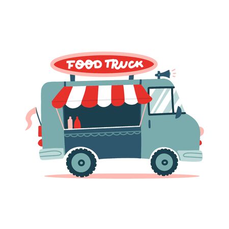 Opened street food truck with Awning, striped tent. Flat vector illustration isolated on white background. Lettering signboard. Vector flat hand drawn illustrationのイラスト素材