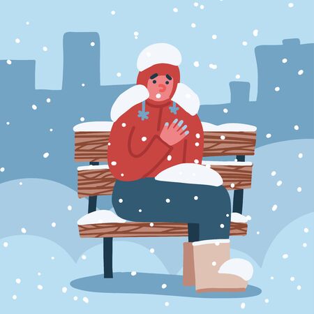 Man suffers from frostbite. A guy with frozen hands in winter sits on a bench covered in snow in winter. Vector flat hand drawn illustrationのイラスト素材