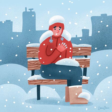 Man suffers from frostbite. A guy with frozen hands in winter sits on a bench covered in snow in winter. flat hand drawn illustrationの写真素材