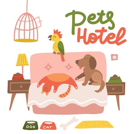 Happy dog , cat and parrot relax on a hotel bed. Animals Pets care concept. Pets hotel poster design with lettering. Flat vector illustration.のイラスト素材
