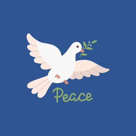 Peace day design with flying white dove with green olive twig in its beak. Vector flat illustration on dark blue background.のイラスト素材