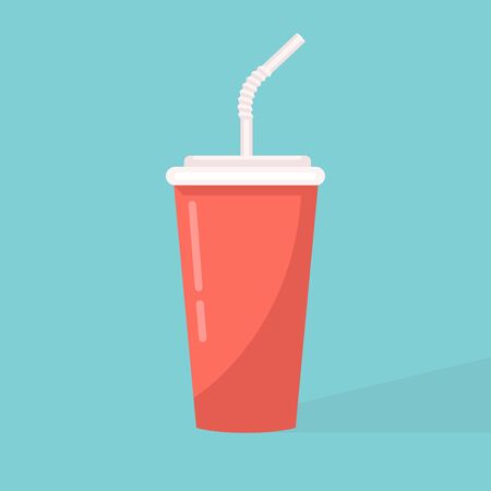 Paper cup icon. Paper red cups with straws for soda or cold beverage. Vector illustration flat design. Isolated cup with long shadow. Drink icon. Fast food.のイラスト素材