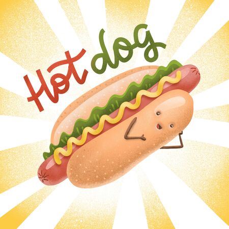 Funny hot dog with a cute smile face. Fast food with human face. Modern style textured illustration icons on striped background with hand drawn letteringの写真素材