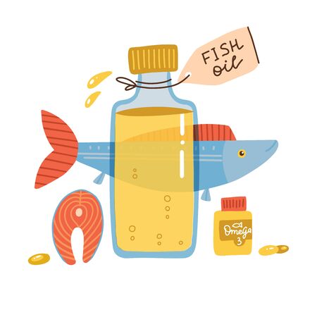 Fish oil items. Nutrition Omega 3 fatty acid salmon fish natural source. Trendyflat design illustration on healthy seafood, fish oil in bottle and softgel pills. Flat vector illustration.のイラスト素材