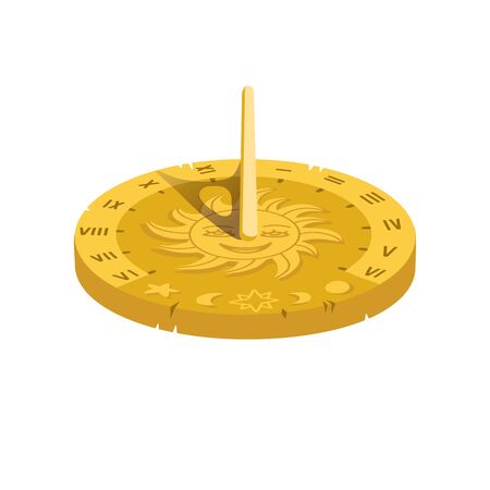 Vector illustration of a sundial. Isolate isomentic volume concept. Cartoon sun clock on a white background with sun face decoration and roman numeralsのイラスト素材