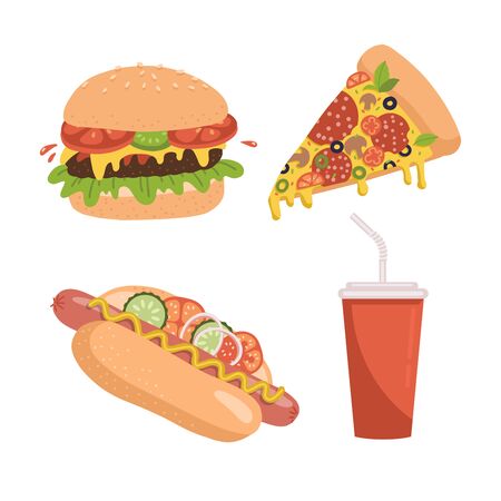 Fast food icon set. Includes illustrations of pizza slice, burger, hot dog and soda pepper cup. Flan hand drawn vector designのイラスト素材