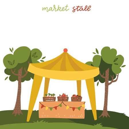 Vegetable tent merket stall on the grass in front of green trees. artoon flat style vector illustrationのイラスト素材