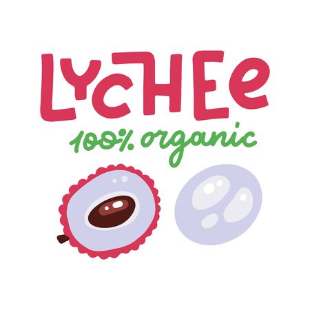 Pink lychee, open tropical exotic fruit. Organic healthy nutrition - vegetarian lichee. Made in cartoon flat style. Vector illustration with hand lettering 100 organicのイラスト素材