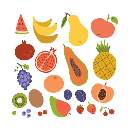 Simple cute fruit icon collection. Set of coroful summer tasty fruits. Cartoon flat style illustration.のイラスト素材