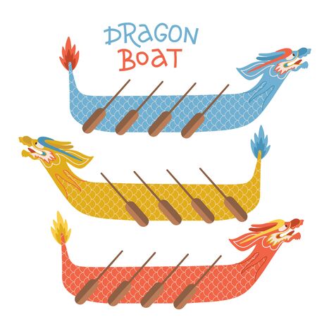 Dragon racing boat festival icon set. Cartoon flat illustration vector isolated in white background with lettering textのイラスト素材