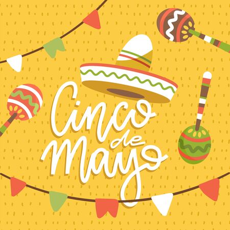 Happy Cinco de Mayo greeting card with hand drawn letterinf phrase and doodle sombreros, flags and maracas. Flat vector illustration on pattern background.のイラスト素材