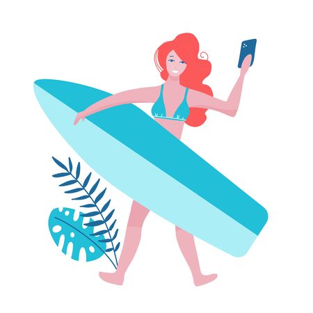 Young woman in summer beach outfit making selfie, enjoying vacations, tanned skin, sport apparel. Vector flat style cartoon illustration, isolated, white backgroundのイラスト素材