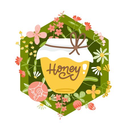 Yellow honey jar on background of wild flowers and plants. retail beehive products badge can be used for graphic, banner. Beekeeping summer theme. Vector flat hand drawn illustration.のイラスト素材