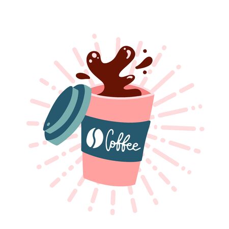 Coffee to go cup. Splashing coffee in paper cup isolated on white background. Hot invigorating drink. Decorative element for menu, advertising, flyer and poster design. Flat vector illustrationのイラスト素材