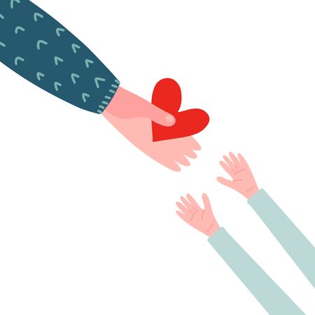 Adult hand give red heart symbol to young chidish hands. Abstract take care flat background vector design. Parent love his child. Close up of hand holding red heart and children hands.のイラスト素材