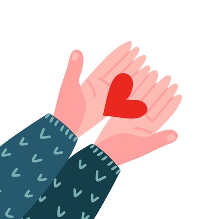 Two hands holding a heart. Top view. Valentine's day, love, relationship. Charity symbol. Two arms in a knitted sweater hold out a red heart. Vector flat hand drawn illustration.のイラスト素材