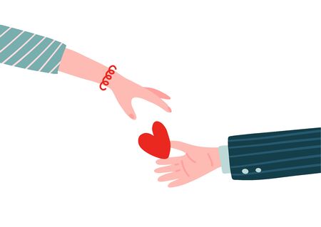 Gift heart on Valentine's Day. Male hand Holding heart in palm and giving in to female hand. Man holds out woman his heart. Vector illustration flat design. Isolated on white backgroundのイラスト素材