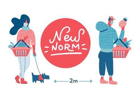 People holding shopping basket standing in queue in the supermarket for waiting paymen. The new normal about prevent Covid-19 spread. New norm - lettering quote. Flat hand drawn Vector illustration.のイラスト素材