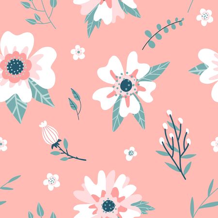 Seamless pattern with a dogrose flowers , rosehip bud and twigs . Handdrawn abstract flat hand drawn vector flora backgroundのイラスト素材