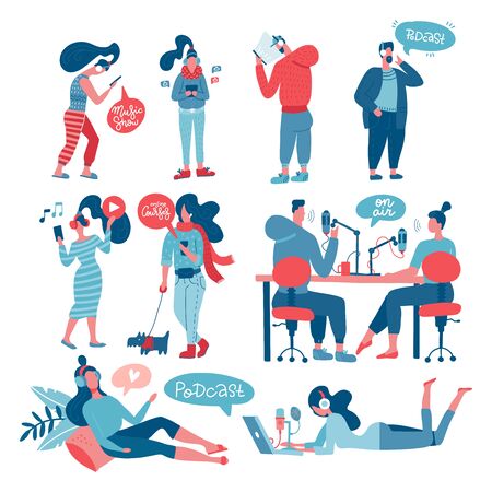 Podcast recording and listening big set. Man and woman, People sitting with microphones at table making online radio stream content and listening with headphones, phones. Flat vector illustration.のイラスト素材