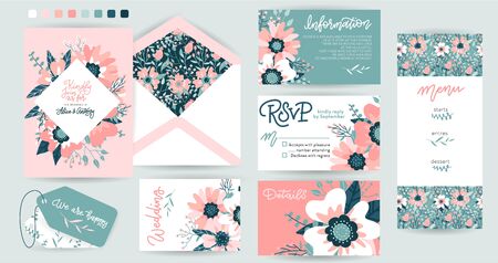 Wedding invite, invitation, details, menu, information cards set. Floral bouquet frame design: light pink Rosehip flower, leaves Eucalyptus branch, cute berries. Big collection. Vector flat designのイラスト素材