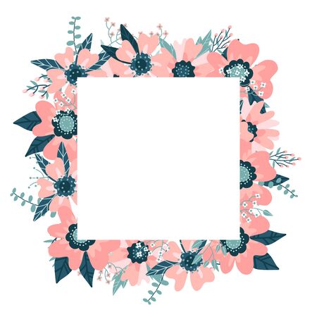 Floral Frame isolated on the white background. Cute flat floral wreath perfect for wedding invitations and birthday cards. Rose hip border with eucalyptus branches. Vector hand drawn illustrationのイラスト素材