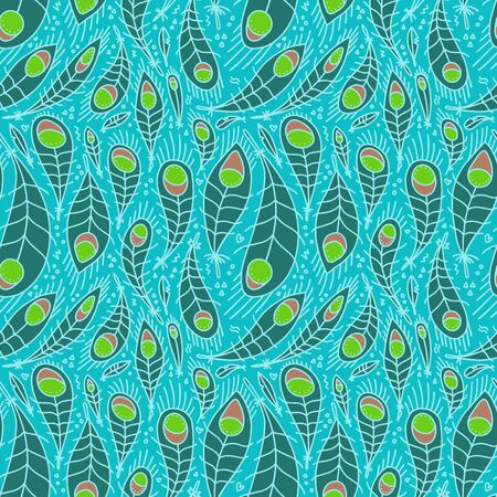 Stylized linear peacock feathers background. Vector seamless pattern in bright colors. Flat vector Illustration for paper, fabric and textille in hand drawn doodle styleのイラスト素材