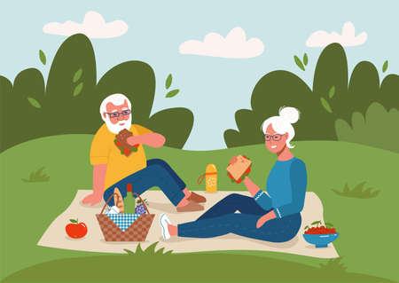 Old couple having picnic outdoors Happy retirement flat vector sketch illustration. Elderly man and woman sitting on ground.のイラスト素材