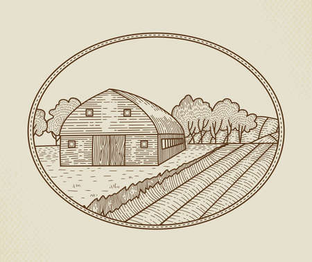Countryside landscape in graphic style with farm and field as an element graphic design for the creation of the label or trademarks. Rural Vector Sign, Badge Logo Template. Farm Sketch in oval Frameのイラスト素材