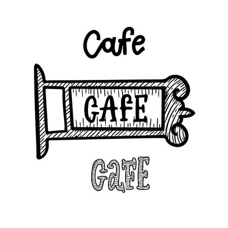 Ancient street signboard cafe and coffee house, vector line engraving illustration.のイラスト素材