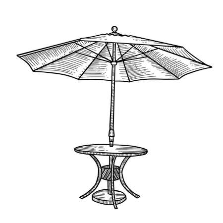 For an outdoor coffee table with an umbrella. Open parasol tent with round table. Hhand drawn sketch Vector illustration. Black and white isolated element of street cafe furniture.のイラスト素材