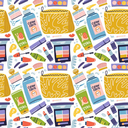 Beauty make up and cosmetics modern cute trendy colorful seamless patternon white background with skin care cosmetics icons. Vector Flat hand drawn icons illustrationのイラスト素材