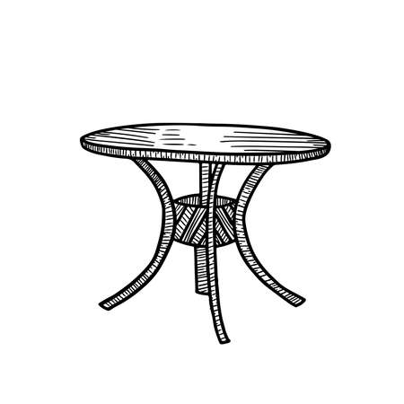 Vector monochrome line hand drawing sketche. Round table on four foot isolated on white background. Used in cafes and restaurants. Handdrwn illustrationのイラスト素材