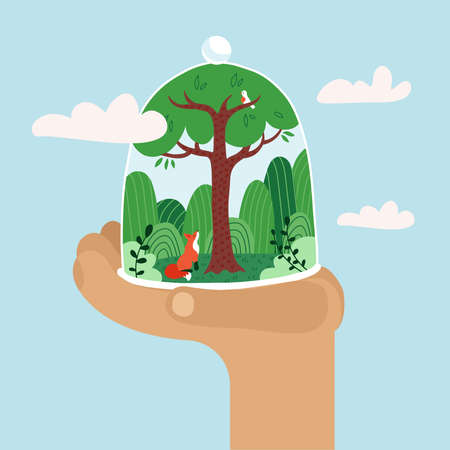 Hand holding glass done with forest. Concept of climat change, ecological and deforestration, Earth Day, Enviroment day, Earth hour. Protect the forest. Green trees with fox. Flat vector illustration.のイラスト素材