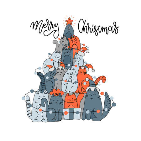 Fir-tree made of cats. Spruce of pet. Christmas tree from cat. New Year fkat doodle hand drawn illustration. mas pattern of cute animal with lettering greeting text Merry Christmasのイラスト素材