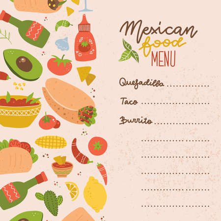 Food truck Mexican food menu. Set of colorful hand drawn Mexican food elements - burrito, taco, margarita, lemon, cactus, tomato. Hand drawn food for restaurant menu, banner, flyer, print design.のイラスト素材