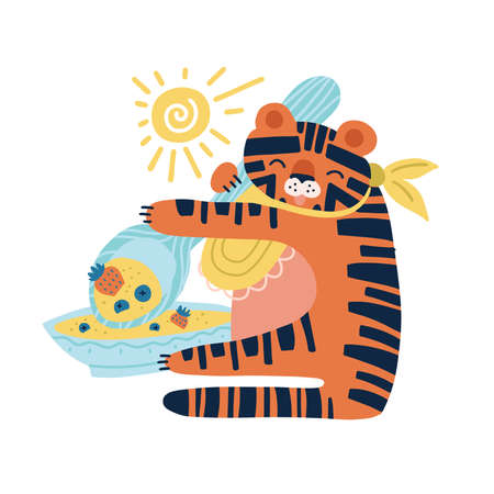 Baby tiger eating porridge with big spoon isolated on white background. Flat hand drawn...
