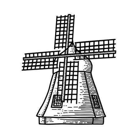 Mill sketch. Hand drawn vintage windmill. Engraved style illustration isolated on white background.のイラスト素材