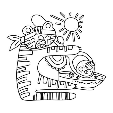cute tiger with porridge outline. Funny tropical exotic animal having breakfast black and white illustration. Fun coloring page for children. Jungle summer clip artのイラスト素材