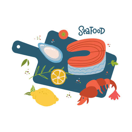 Cooking salmon steak,srimp ,shell vector cartoon top view illustration. Raw sea fish on wooden cutting board, spices and ingredients. Seafood restaurant menu design elements. Freehand marine products.のイラスト素材