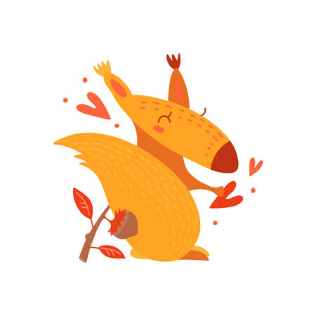 Funny, comic, cute squirrel. Cartoon hand drawn character. Forest animal in love. Yellow squirrel with big nose hearts.のイラスト素材