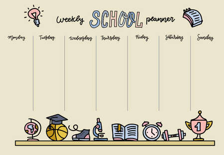 Horizontal Timetable for elementary school. Weekly planner template with cartoon school objects and symbols on pastel yellow background. Hand drawn doodle linear color styleのイラスト素材